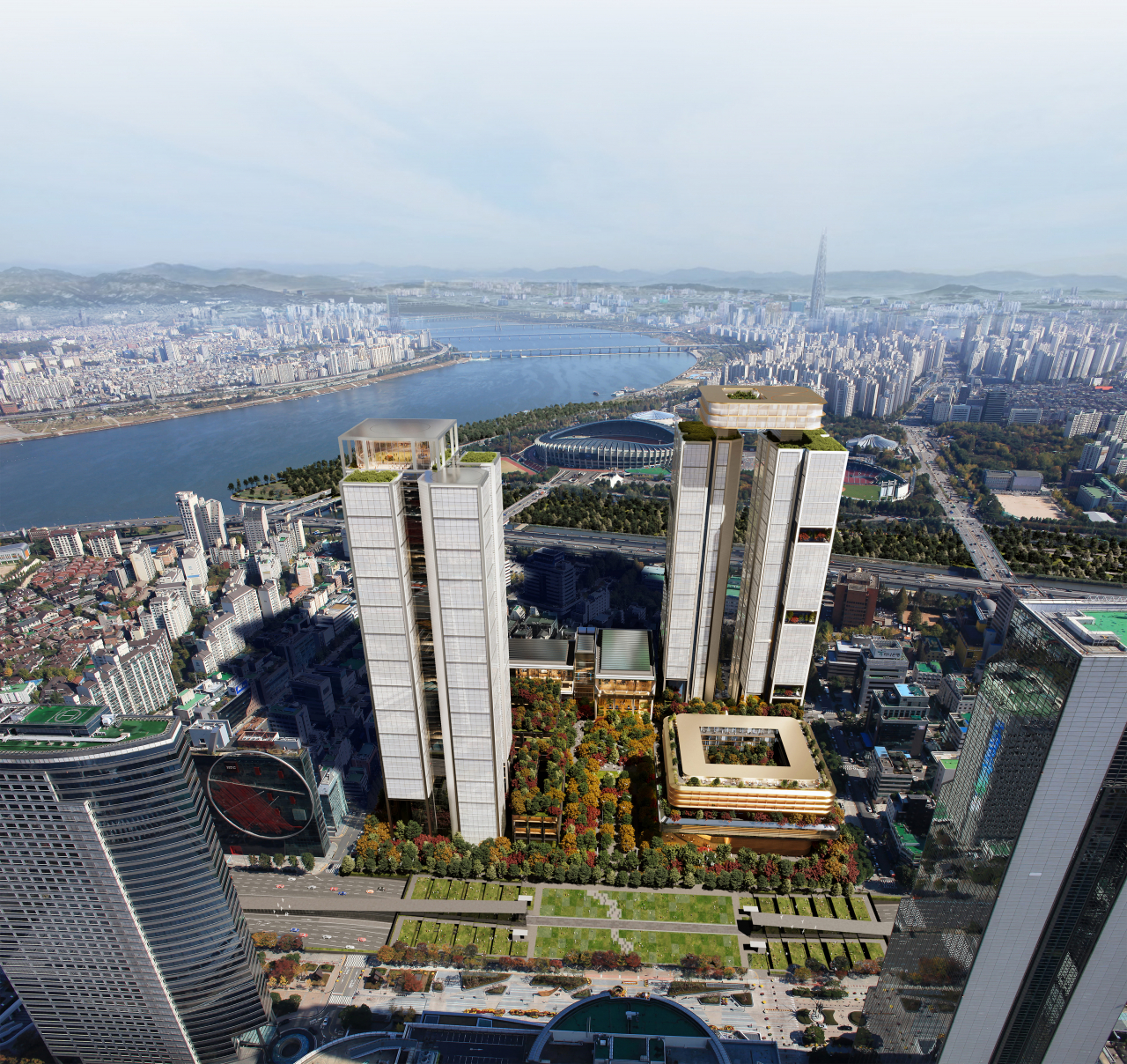 A rendering of Hyundai Motor Group's revised plan for the Global Business Complex with two 55-story buildings in southern Seoul (Hyundai Motor Group)