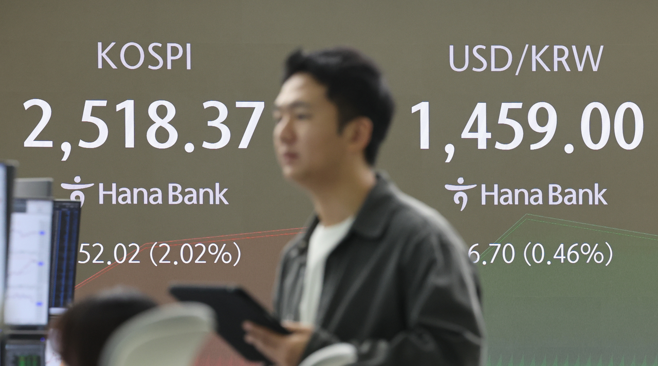 An electronic board showing the Korea Composite Stock Price Index at a dealing room of the Hana Bank headquarters in Seoul on Tuesday. (Yonhap)