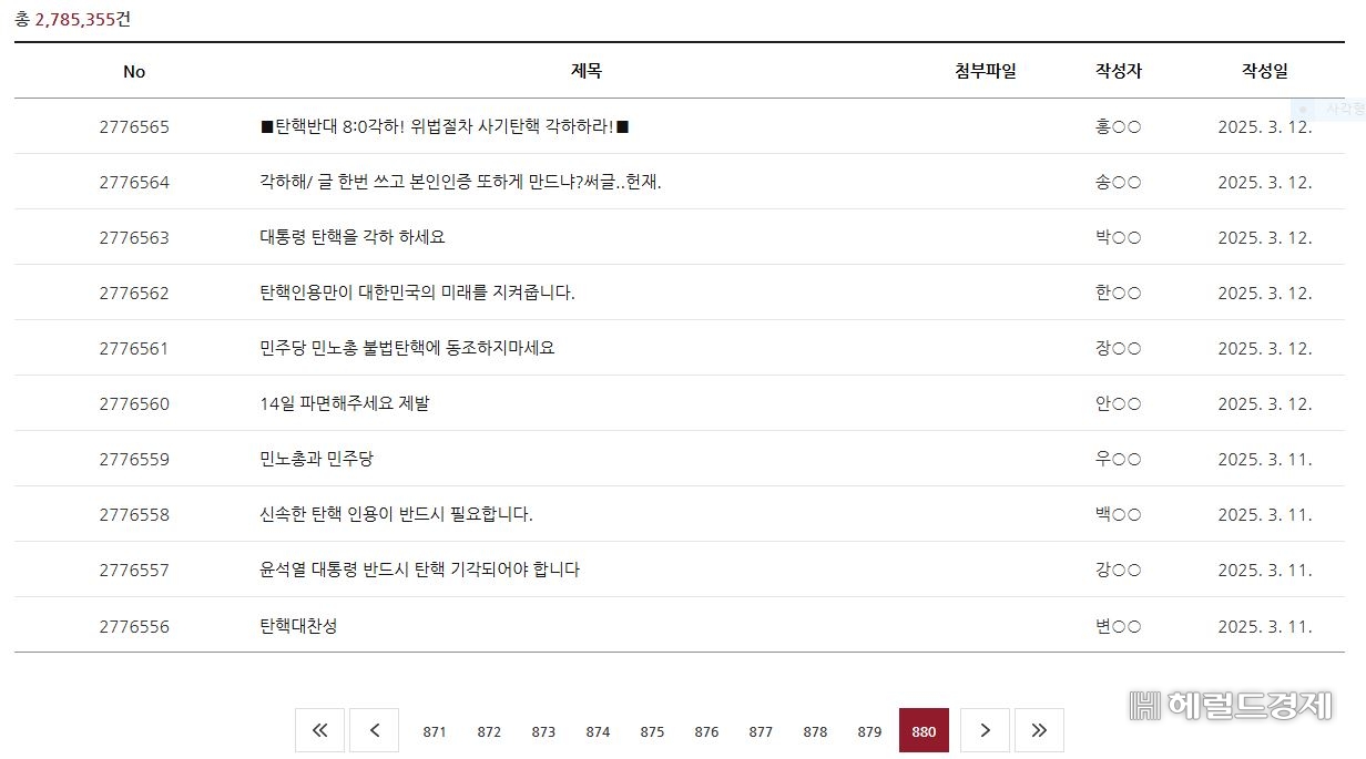 12일 오전 9시 30분 기준 헌법재판소 자유게시판. 아침 시간에도 게시판 880페이지에서야 전날 게시물이 확인될 만큼 빠른 속도로 카지노 입플이 게시되고 있다. 이영기 기자.