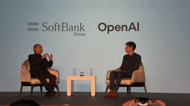 지난 3일 도쿄에서 샘 올트먼 오픈AI 최고경영자(CEO)가 손정의 소프트그룹 회장 겸 CEO가 대담을 하고 있다. [엑스(X·옛 트위터) 갈무리]