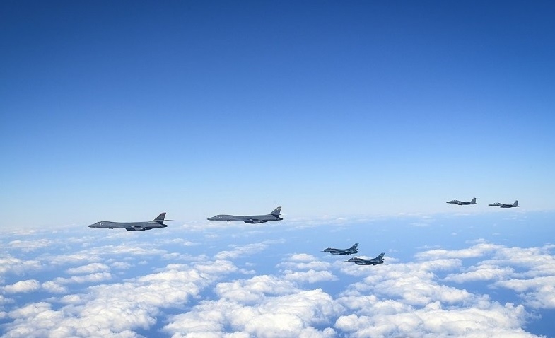 This file image, provided by South Korea's Defense Ministry, shows a joint air drill by South Korea, the United States and Japan on Jan. 15, 2025. (Ministry of Defense)