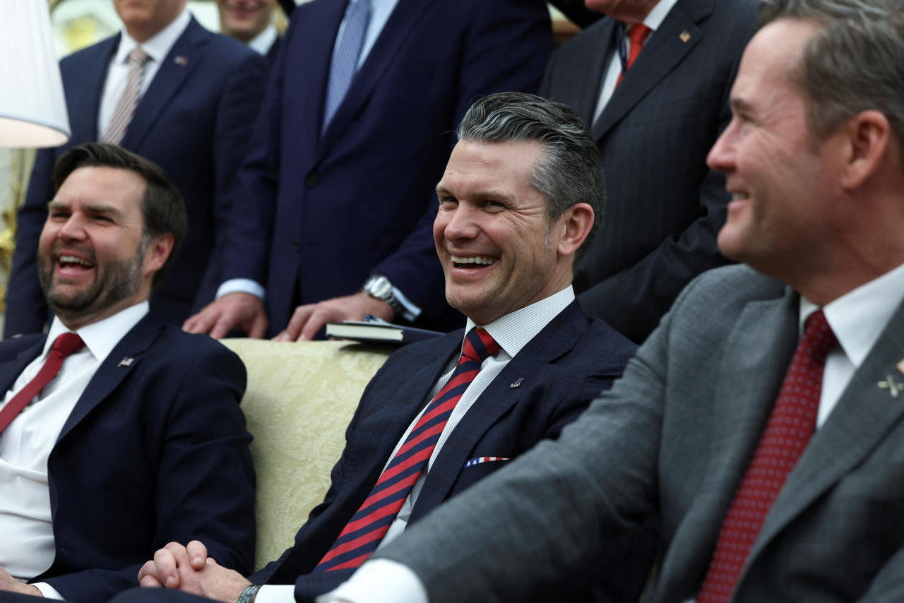 US Defense Secretary Pete Hegseth (center), US Vice President JD Vance (left) and US National Security Advisor Mike Waltz react as, US President Donald Trump (not pictured) meets with NATO Secretary General Mark Rutte (not pictured), in the Oval Office at the White House in Washington, D.C., Thursday. (Reuters-Yonhap)