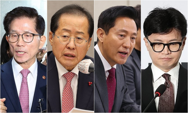 From left: Labor Minister Kim Moon-soo, Daegu Mayor Hong Joon-pyo, Seoul Mayor Oh Se-hoon,and former party leader Han Dong-hoon (Yonhap)