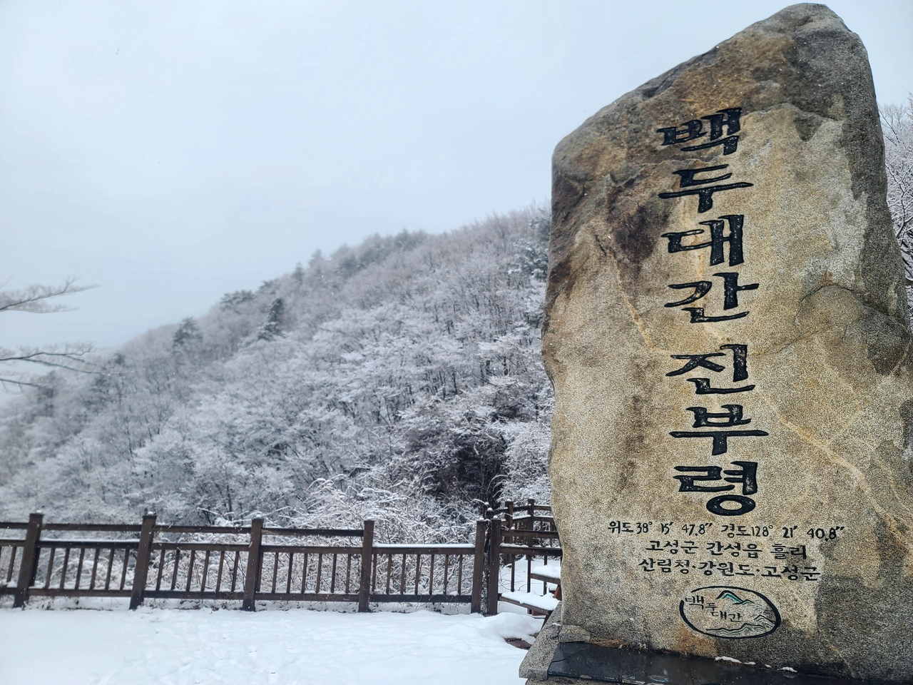 Chinburyong, a mountain pass located in Inje-gun, Gangwon Province, is covered in snow on Sunday as Gangwon Province’s mountainous regions expected between 10 to 20 centimeters of snow from Sunday morning until Monday afternoon. (Yonhap)
