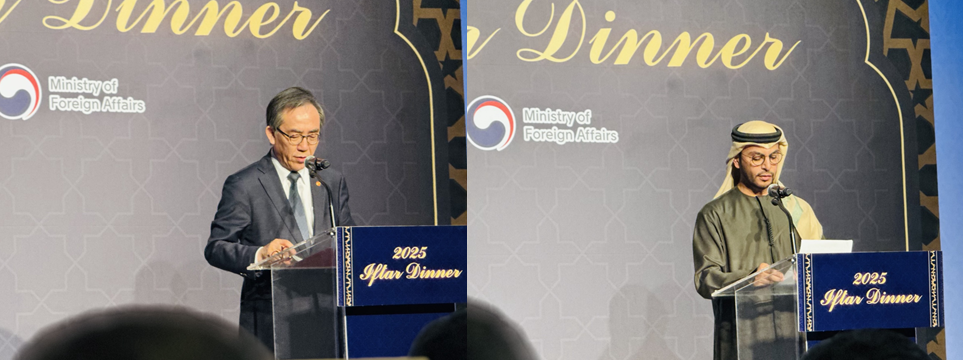Foreign Minister Cho Tae-yul (left) and UAE Ambassador to Korea Abdulla Saif Al Nuaimi speaks at an Ifar dinner hosted by the Foreign Ministry at the Four Seasons Hotel in Seoul on Tuesday. ( Sanjay Kumar/ The Korea Herald)