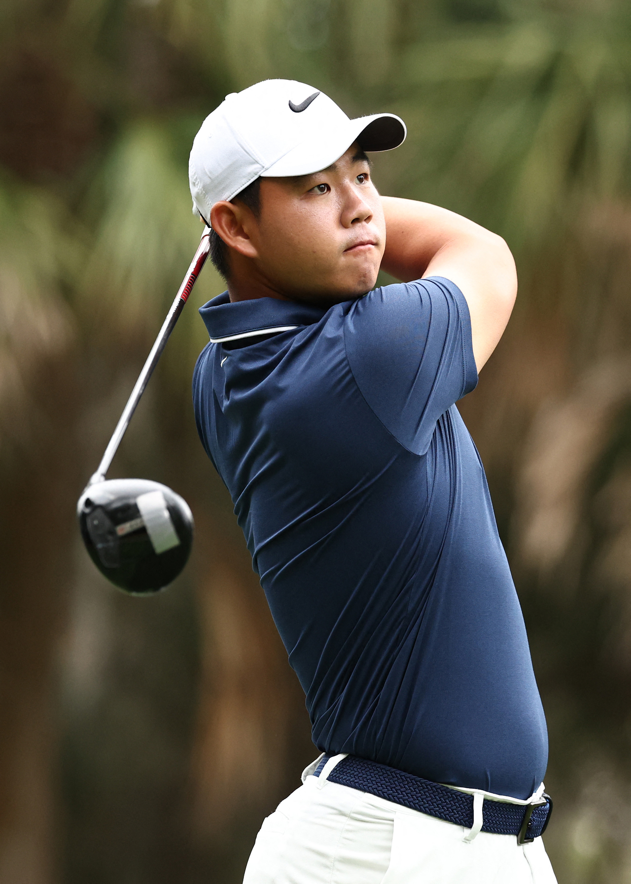 Tom Kim of South Korea tees off on the second hole during the final round of The Players Championship on the Stadium Course at TPC Sawgrass in Ponte Vedra Beach, Florida, on Sunday. (Getty Images)
