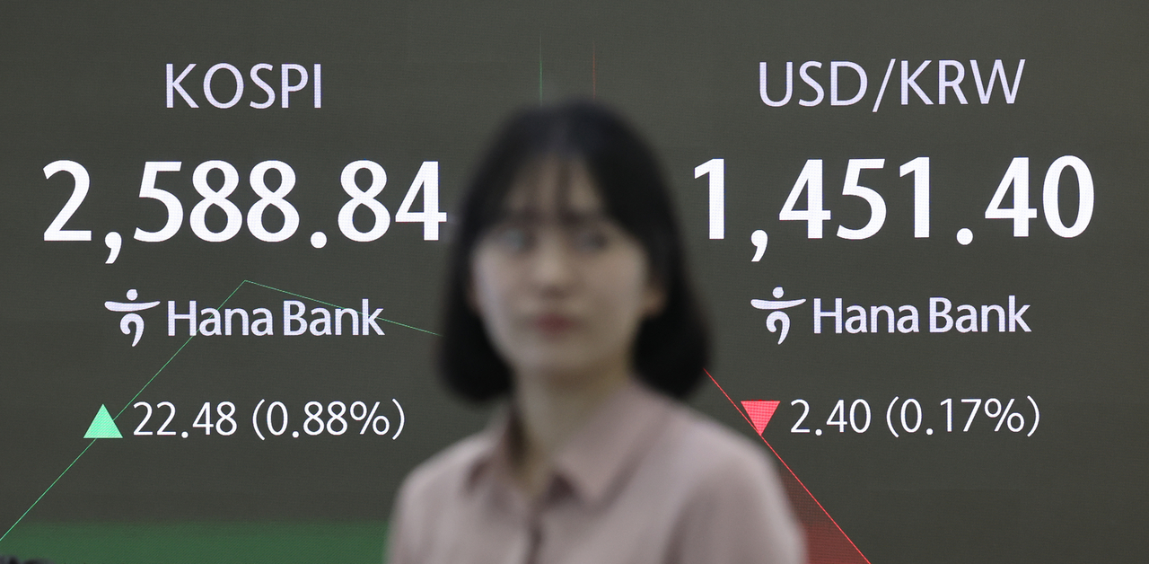 An electronic board showing the Korea Composite Stock Price Index at a dealing room of the Hana Bank headquarters in Seoul on Monday. (Yonhap)