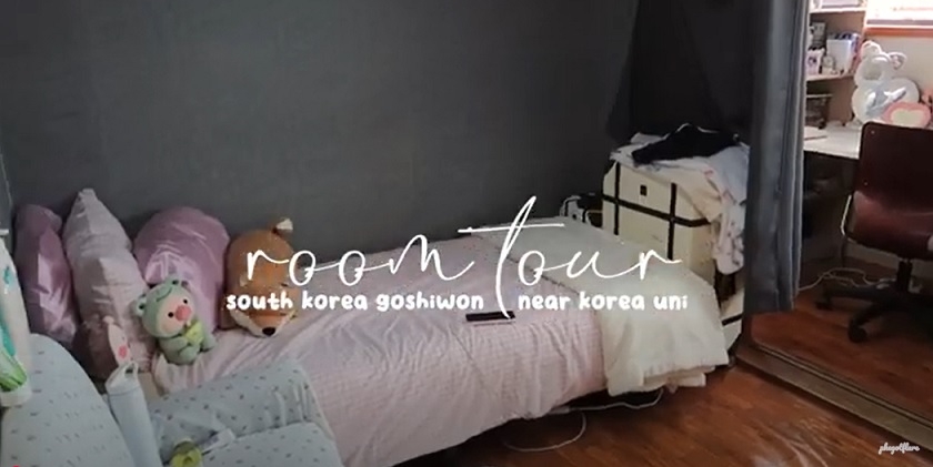A screenshot of a video showcasing a room in a goshiwon located near Korea University in Seoul (YouTube channel: phegotflare)