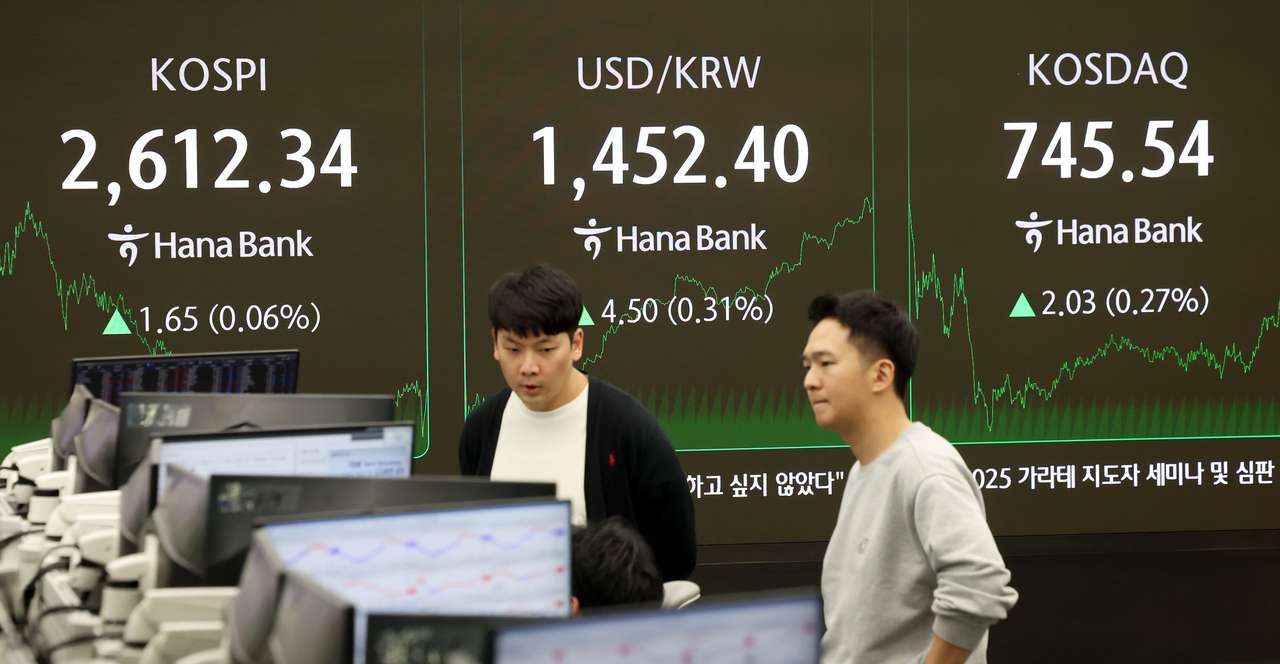 An electronic board showing the Korea Composite Stock Price Index at a dealing room of the Hana Bank headquarters in Seoul on Tuesday. (Yonhap)