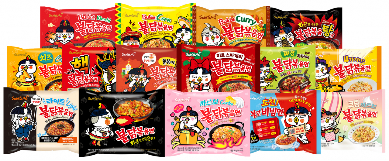 Various Buldak noodle packages (Samyang Foods)