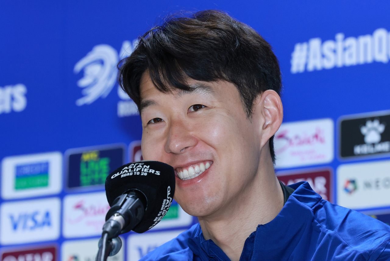 South Korea captain Son Heung-min speaks during a press conference ahead of a World Cup qualifying match against Oman at Goyang Stadium in Goyang, Gyeonggi Province, on March 19. (Yonhap)