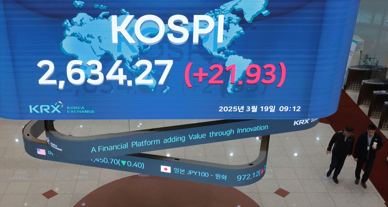 An electronic board showing the Korea Composite Stock Price Index on Wednesday. (Yonhap)