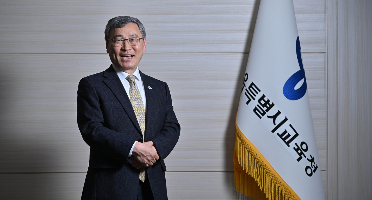 Jung Keun-sik, superintendent of Seoul Metropolitan Office of Education poses ahead of an interview with The Korea Herald at his office on March 13. (Lim Se-jun/ The Korea Herald)