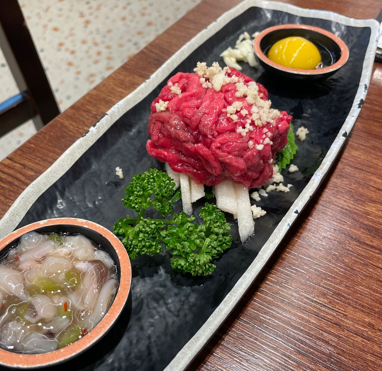 Daegwallyeong Hanwoo Town's Hanwoo yukhoe, or Korean-style beef tartare (Kim Jae-heun/The Korea Herald)