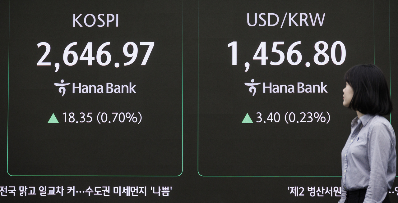 An electronic board showing the Korea Composite Stock Price Index at a dealing room of the Hana Bank headquarters in Seoul on Thursday. (Yonhap)