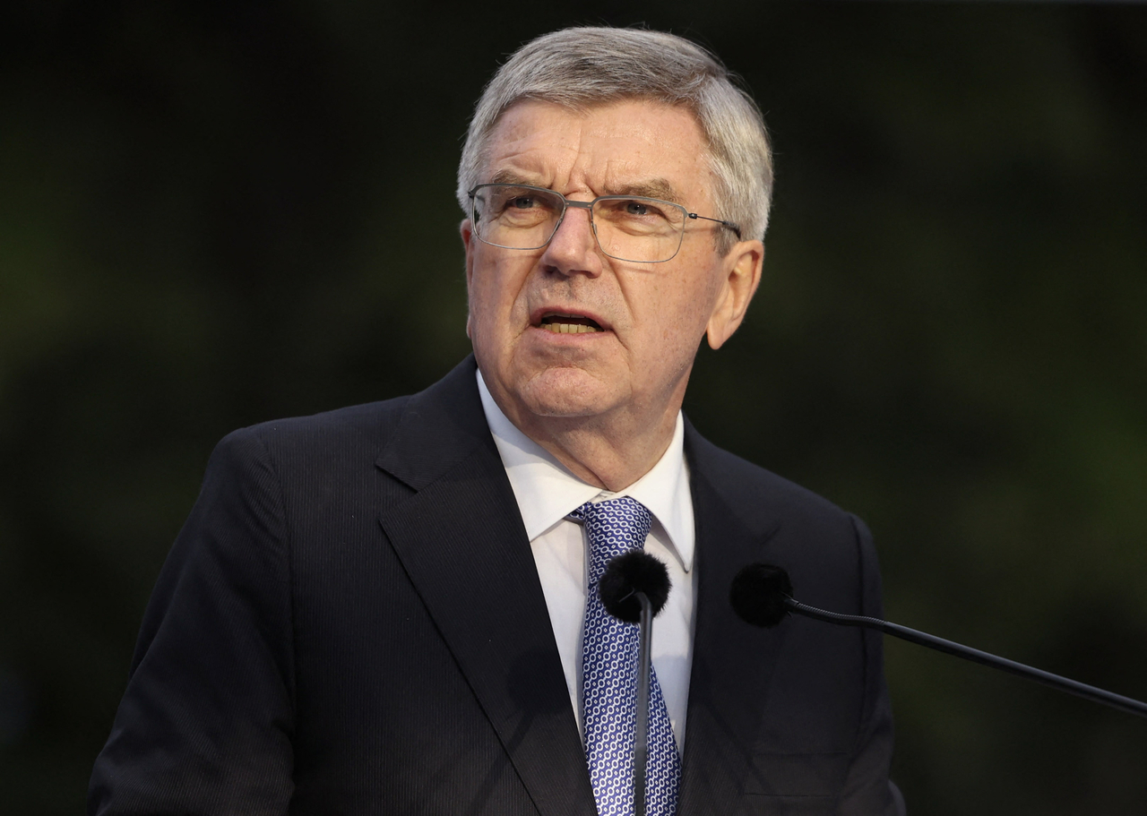 International Olympic Committee (IOC) president Thomas Bach speaks during the opening ceremony of the 144th IOC Session at the Ancient Olympia archeological site, birthplace of the ancient Olympics in southern Greece, on Tuesday. (Yonhap-Reuters)