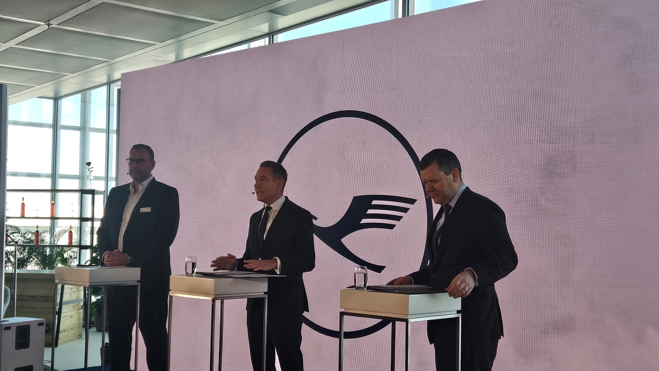 (From right) Lufthansa Airlines Chief Customer Officer Heiko Reitz, CEO Jens Ritter and Lufthansa Group Communication Head Martin Leutke, speak during a launching event of the Allegris First Class cabin at the Munich Airport on Wednesday. (Kim Hae-yeon/ The Korea Herald)