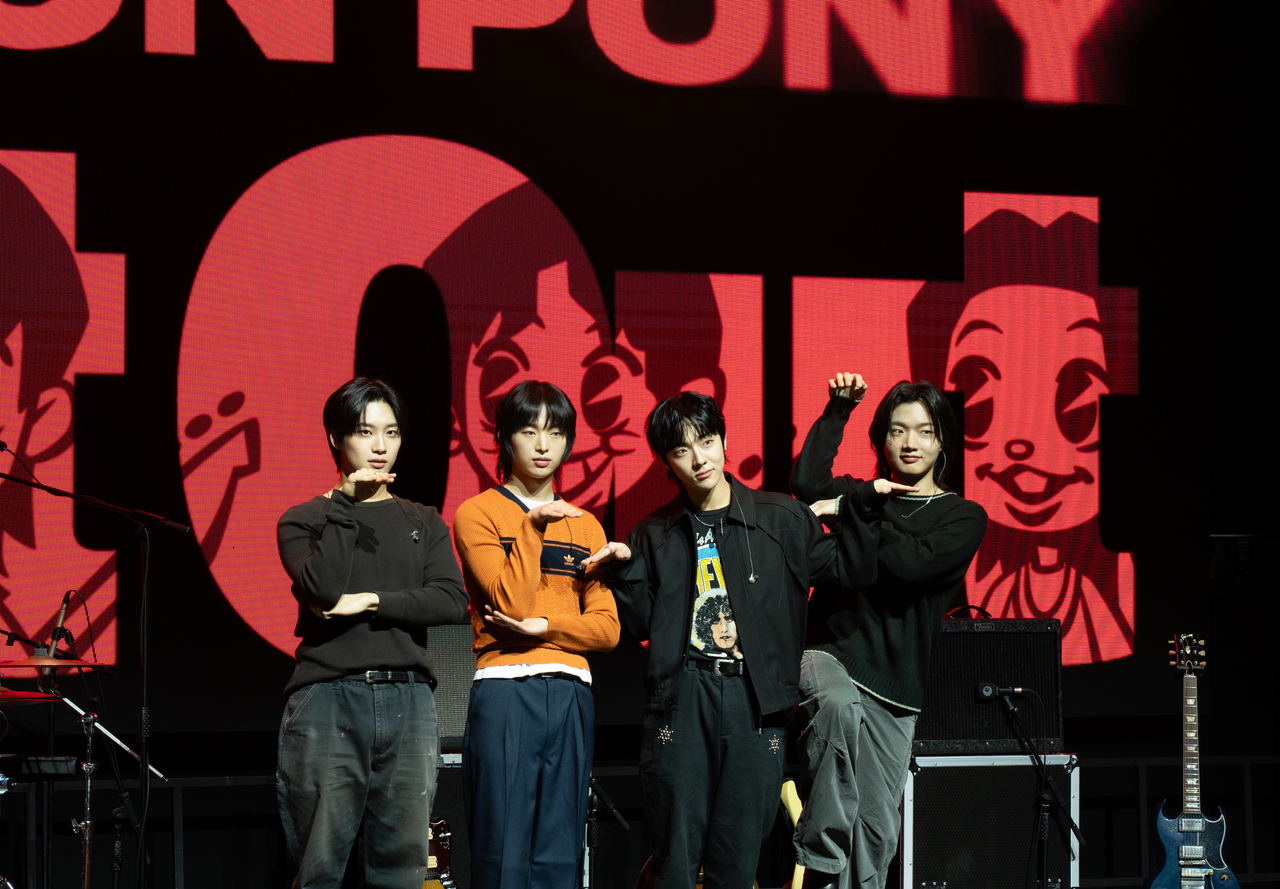 From left: Dragon Pony members Pyun Sung-hyun, Kwon Se-hyuk, An Tae-gyu and Ko Gang-hun pose for a photo during the press conference held in Mapo-gu, Seoul, Wednesday. (Park Ji-eun/The Korea Herald)