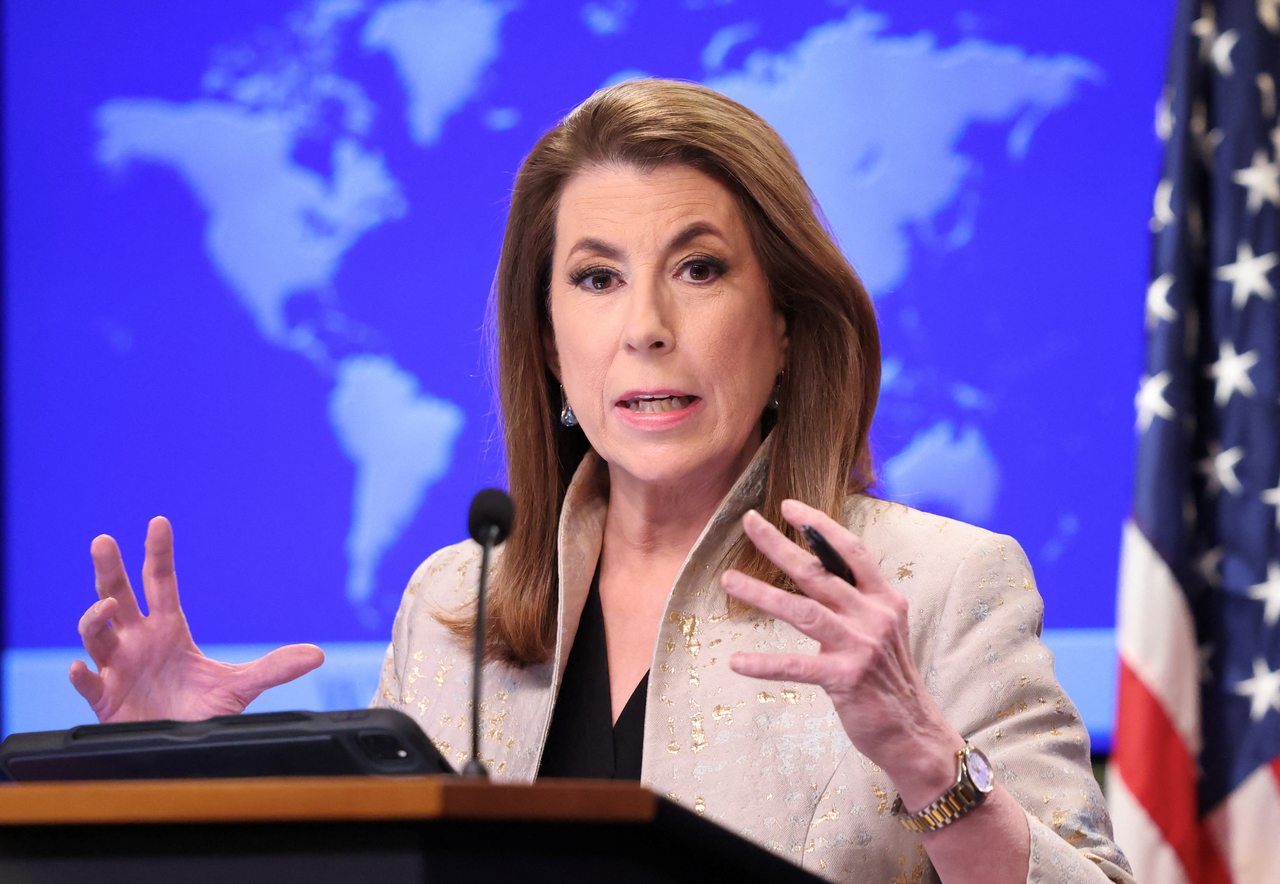 This photo shows US State Department spokesperson Tammy Bruce speaking during a press briefing at the State Department in Washington on March 6. (Yonhap)