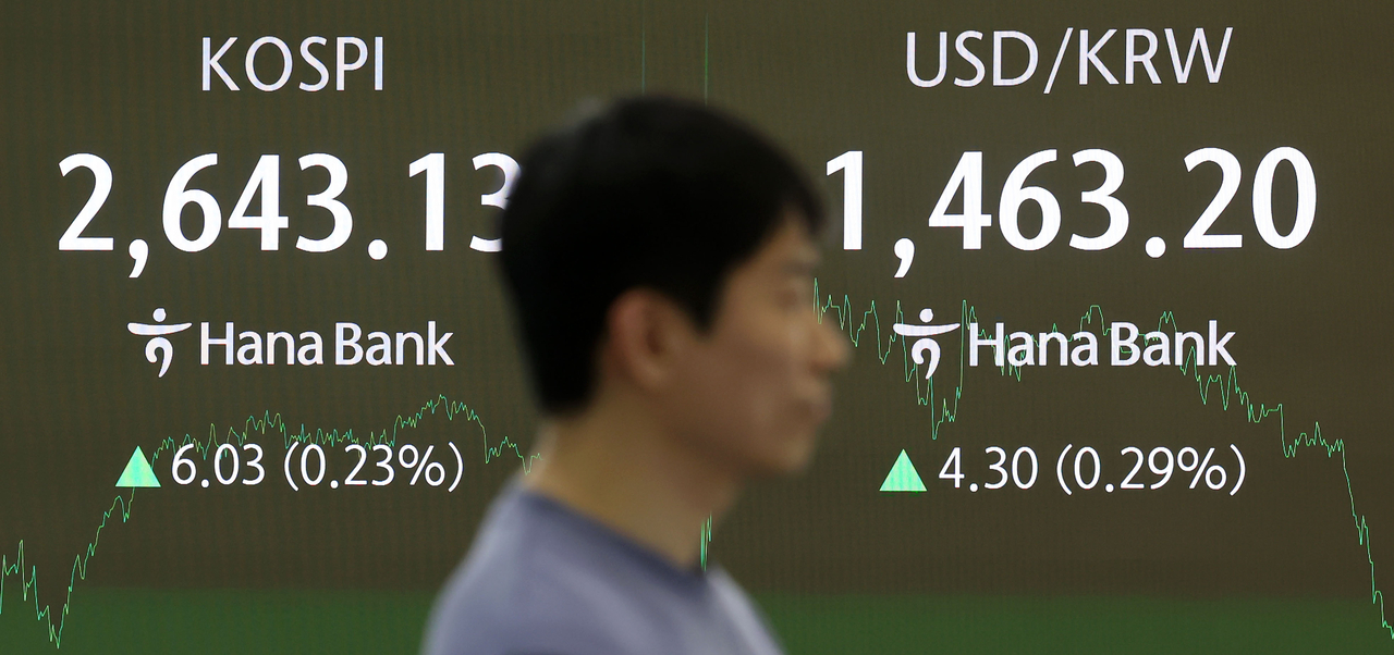 An electronic board showing the Korea Composite Stock Price Index at a dealing room of the Hana Bank headquarters in Seoul on Friday. (Newsis)