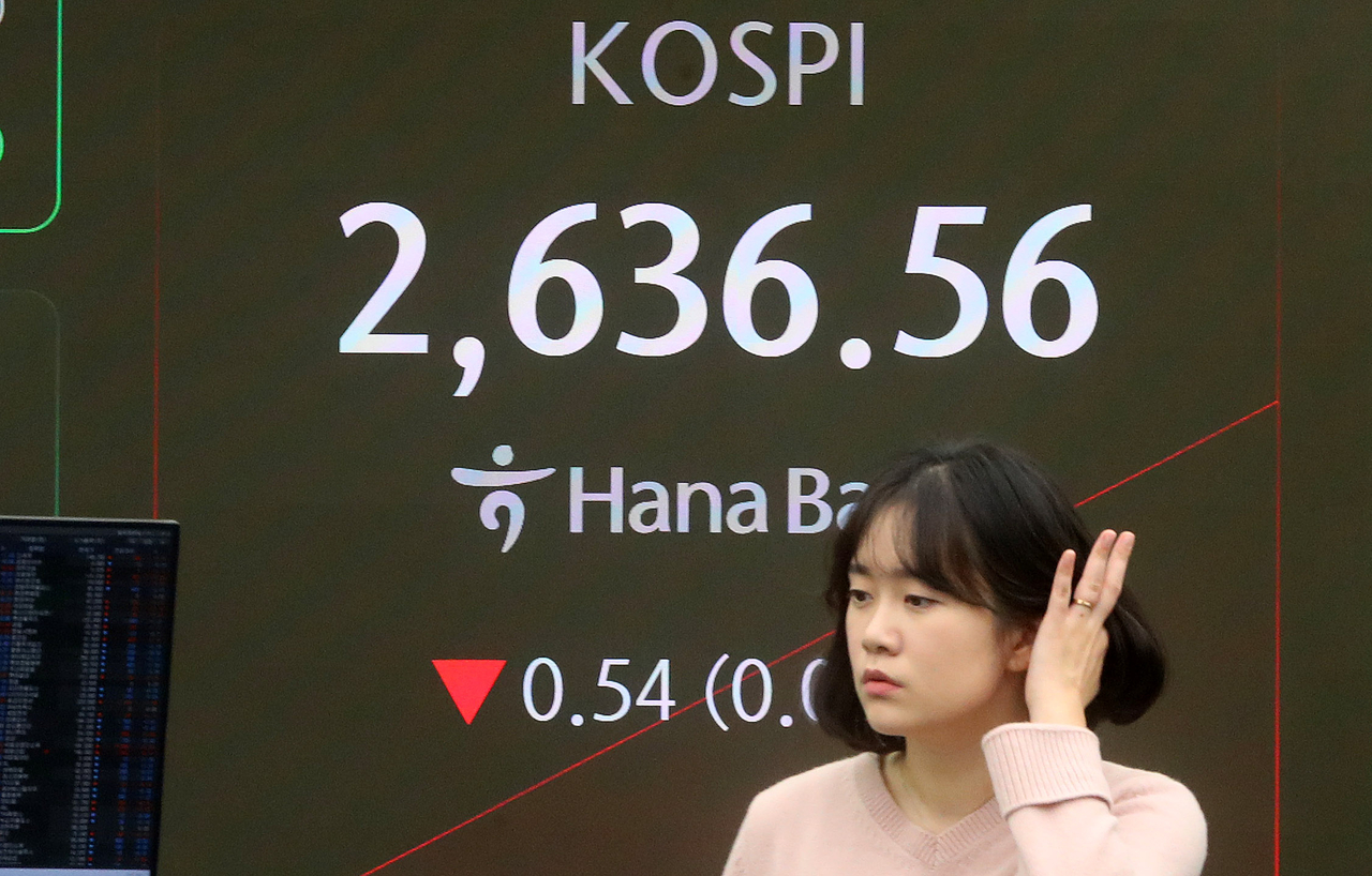 An electronic board showing the Korea Composite Stock Price Index at a dealing room of the Hana Bank headquarters in Seoul on Friday. (Newsis)