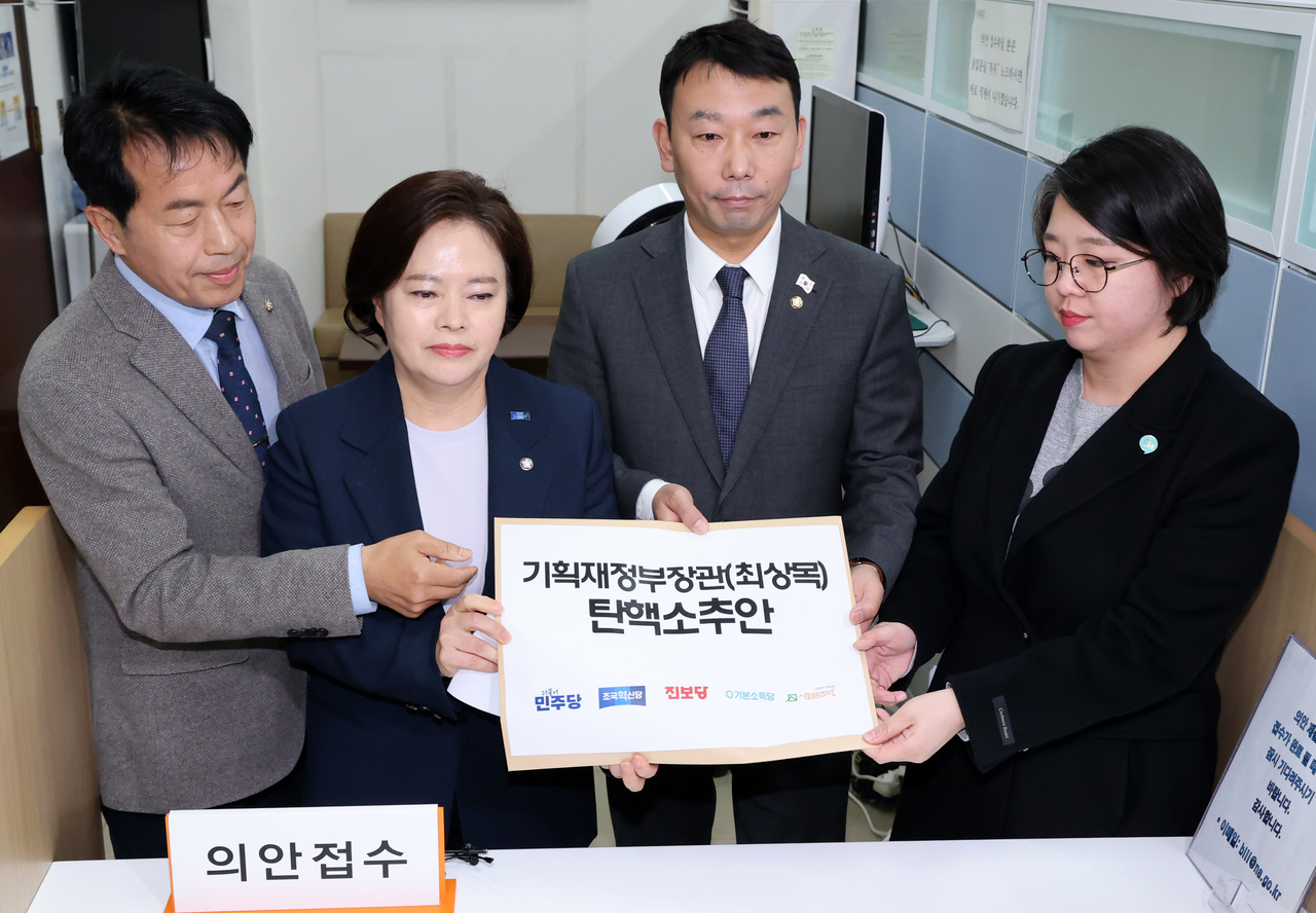 Lawmakers submit a motion to impeach acting president Choi Sang-mok at the National Assembly on Friday. (Pool photo via Yonhap)