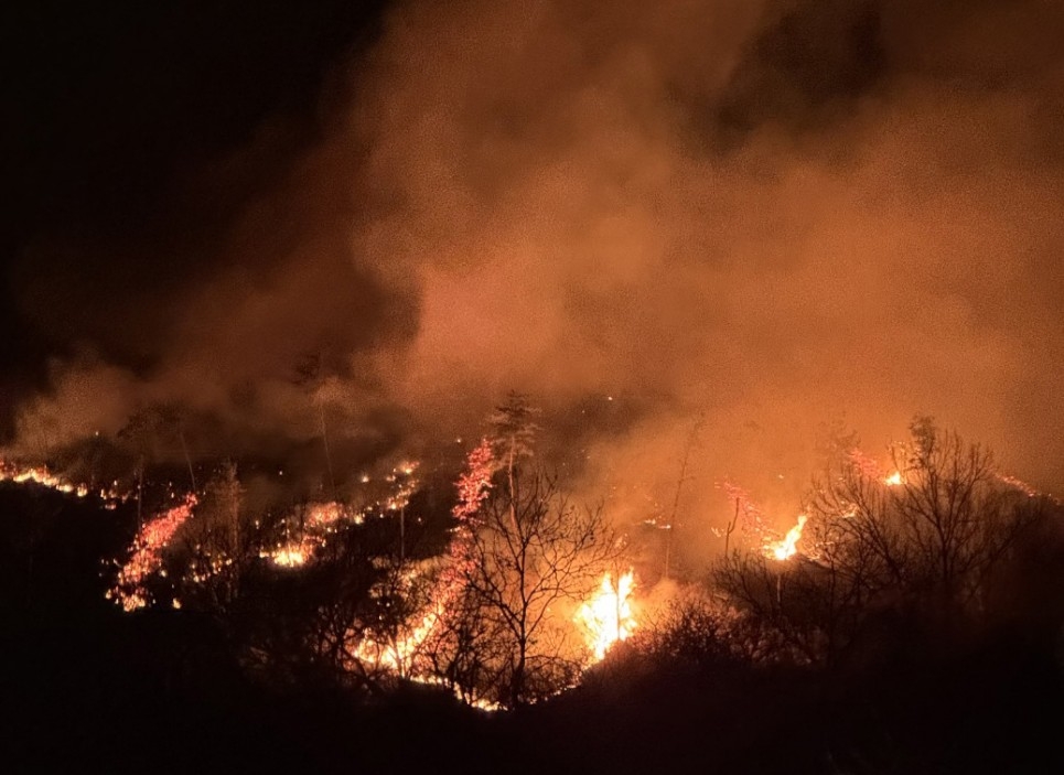 This photo, provided by the Korea Forest Service, shows a wildfire that broke out in the southeastern county of Sancheong. (Yonhap)