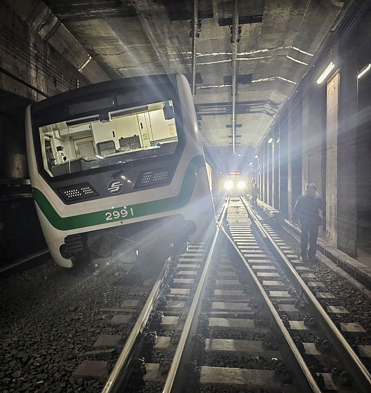 The subway train that has been derailed is seen at the Sindorim Station in Guro-gu, Seoul on Sunday. (Yonhap)