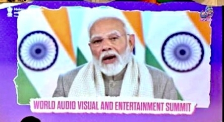 A photo of Indian Prime Minister Narendra Modi introducing the WAVES Summit on "Mann Ki Baat," the Indian radio program hosted by Modi, which was showcased by Indian Embassy in Seoul on Wednesday (Sanjay Kumar/ The Korea Herald)