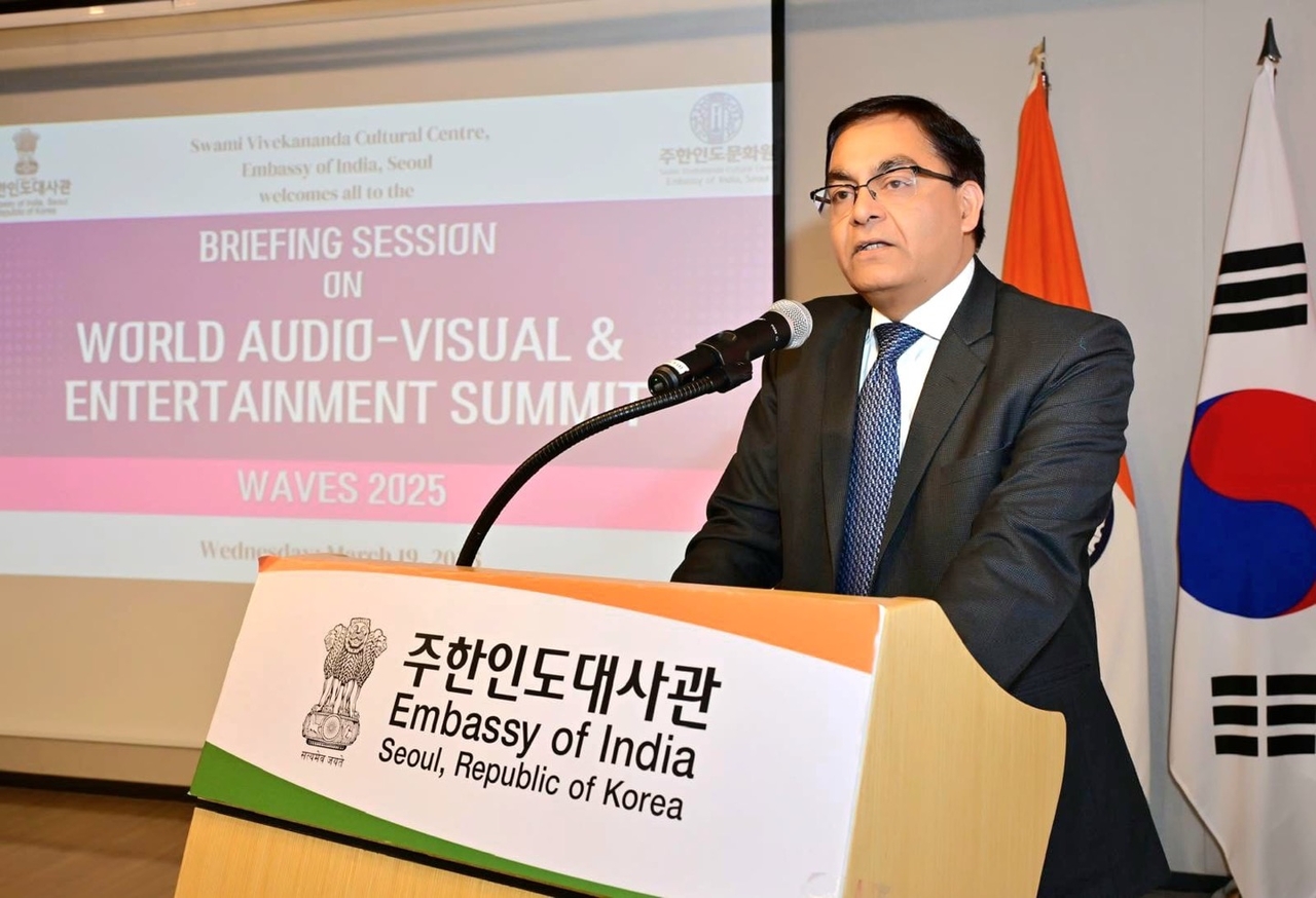 Indian Ambassador to Korea speaks at a briefing ahead of WAVES Summit at Indian Embassy in Yongsan-gu, Seoul on Wednesday. (Sanjay Kumar/ The Korea Herald)