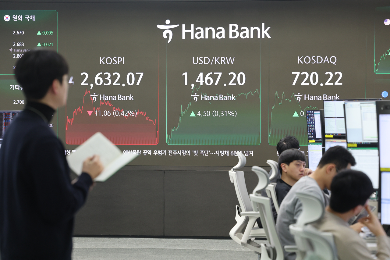 An electronic board showing the Korea Composite Stock Price Index at a dealing room of the Hana Bank headquarters in Seoul on Monday. (Yonhap)