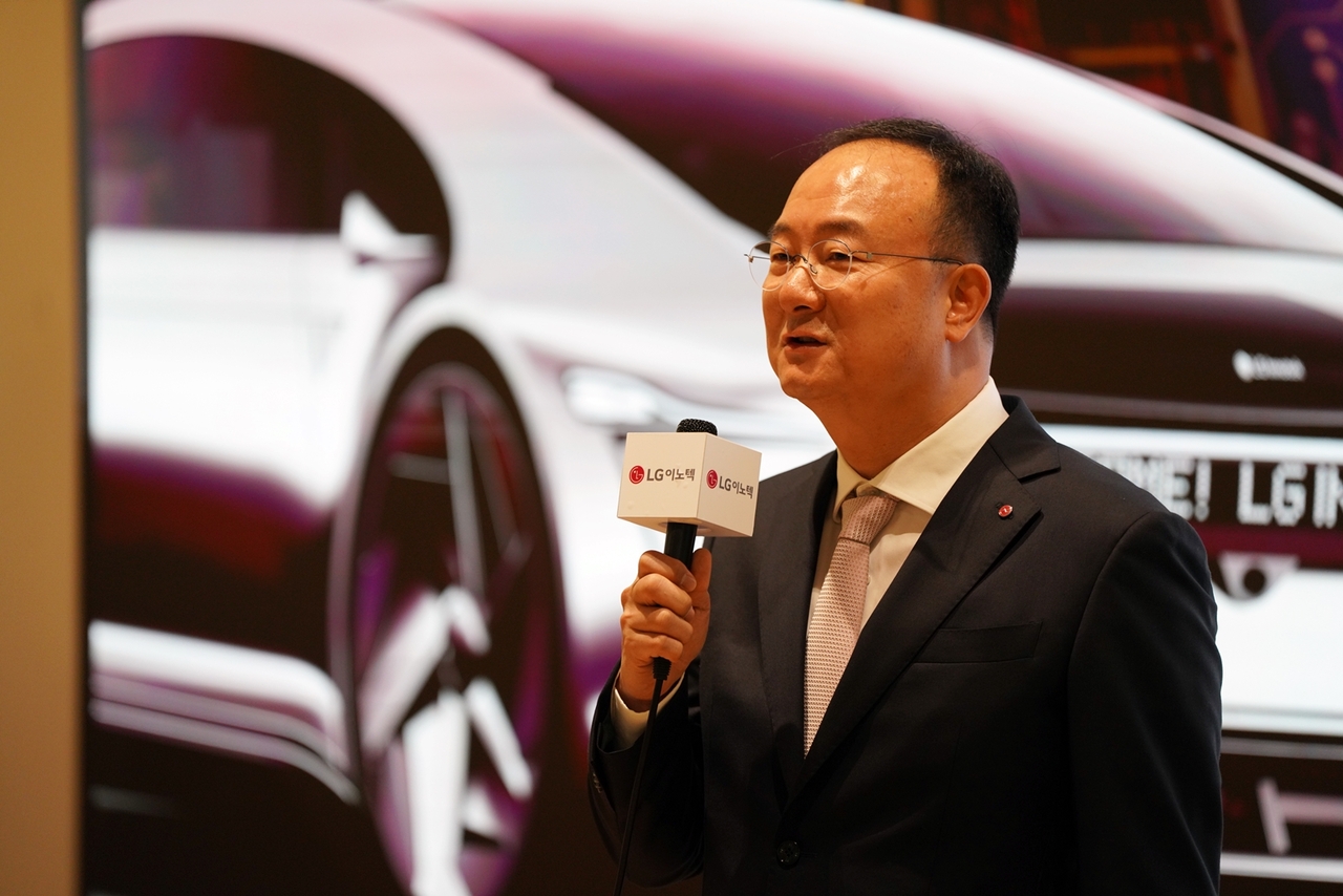 LG Innotek CEO Moon Hyuk-soo speaks to a group of local reporters after attending the company's 49th annual general meeting in Seoul on Monday. (LG Innotek)