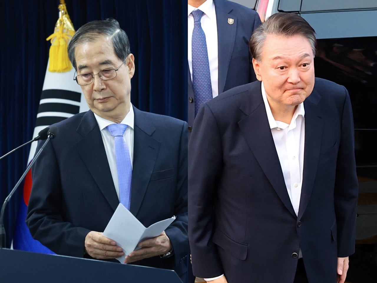 Reinstated Prime Minister and acting President Han Duck-soo (left) and suspended President Yoon Suk Yeol (Newsis)