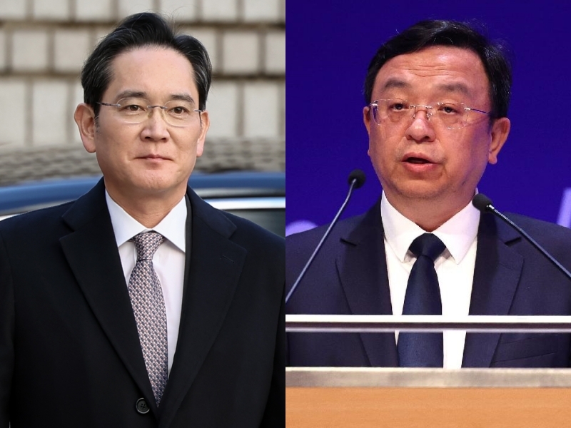 Samsung Electronics Chairman Lee Jae-yong (left) and BYD Chairman Wang Chuanfu (Yonhap, EPA)