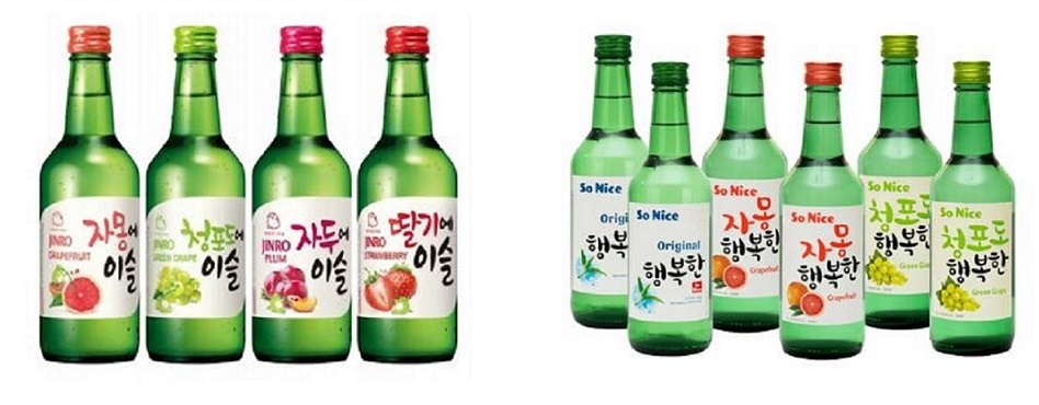 The left photo shows Hite Jinro's low-alcohol fruit-flavored series while the right features their counterfeit versions being sold by Thai soju brand Happy Soju. (Hite Jinro, Happy Soju)