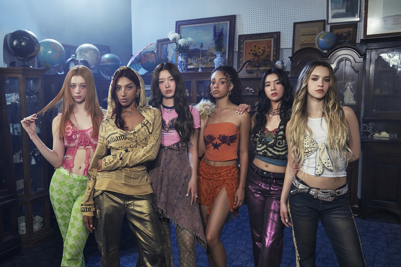Indian-American member Lara Raj (second from left) poses in this group photo of Katseye (Hybe)