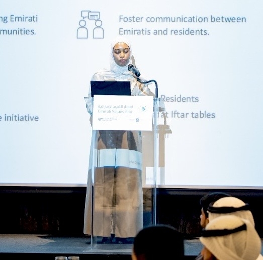 Soheila Al Khayal of the Federal Youth Authority delivers welcome remarks at 'Emirati Values Iftar' in Seoul on Saturday.( UAE Embassy in Seoul)