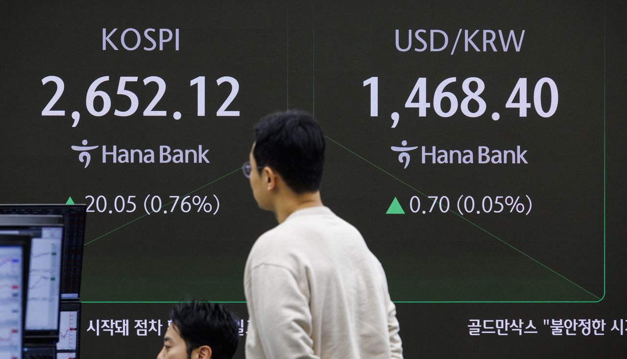 An electronic board showing the Korea Composite Stock Price Index at a dealing room of the Hana Bank headquarters in Seoul on Monday. (Yonhap)