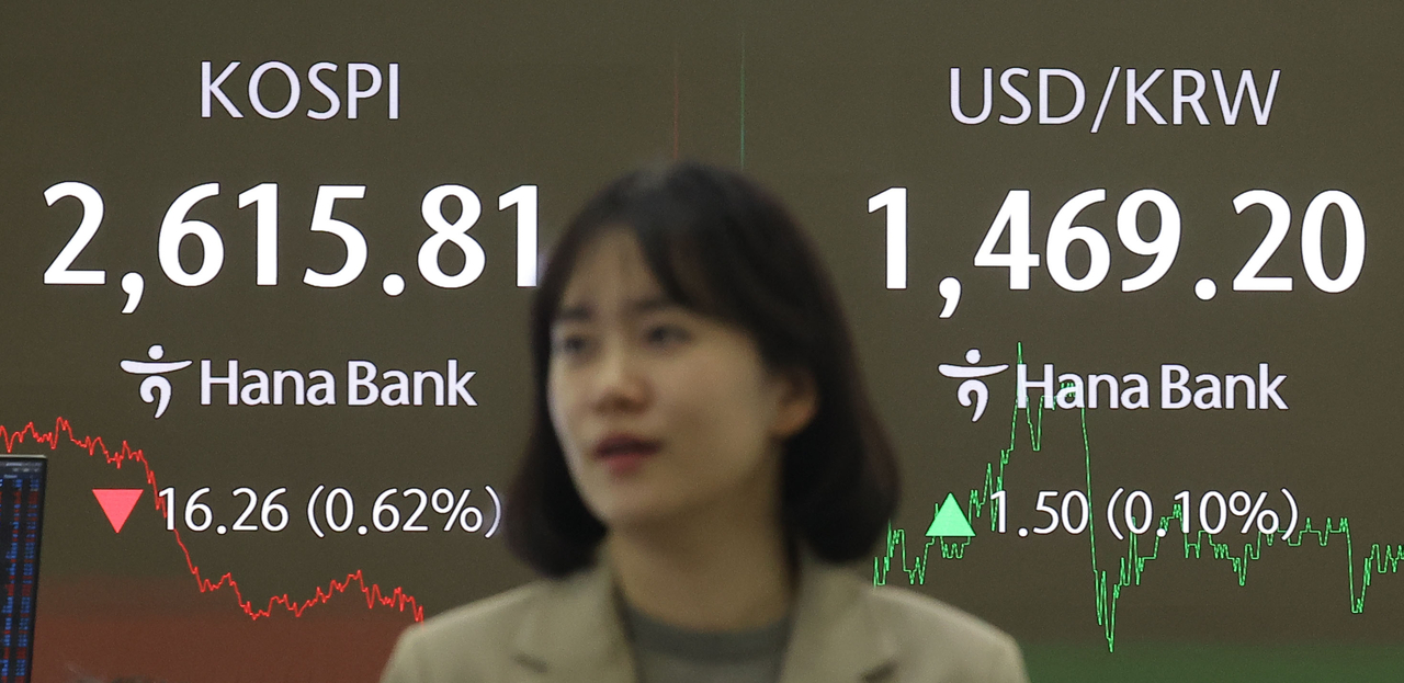 An electronic board showing the Korea Composite Stock Price Index at a dealing room of the Hana Bank headquarters in Seoul on Tuesday. (Yonhap)