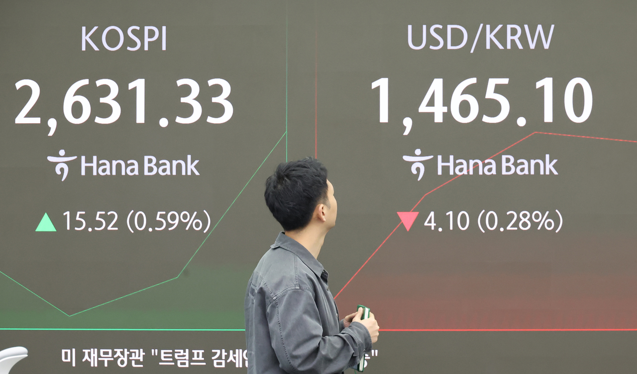 An electronic board showing the Korea Composite Stock Price Index at a dealing room of the Hana Bank headquarters in Seoul on Wednesday. (Yonhap)