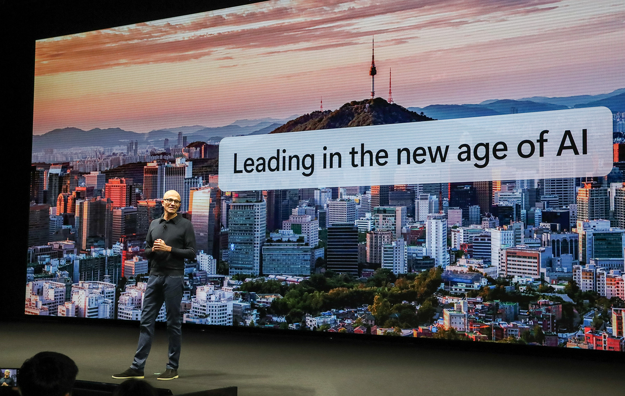 Microsoft Chairman and CEO Satya Nadella delivers a keynote speech at the Microsoft AI Tour in Seoul on Wednesday. (Microsoft)