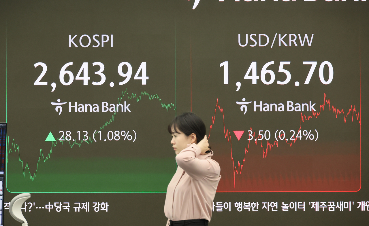 An electronic board showing the Korea Composite Stock Price Index at a dealing room of the Hana Bank headquarters in Seoul on Wednesday. (Yonhap)