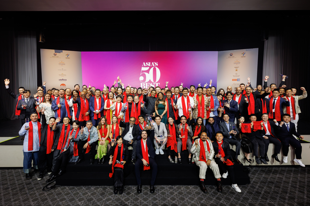 Chefs pose for a photo at Asia’s 50 Best Restaurants 2025 awards held in Seoul on Tuesday. (Asia’s 50 Best Restaurants)