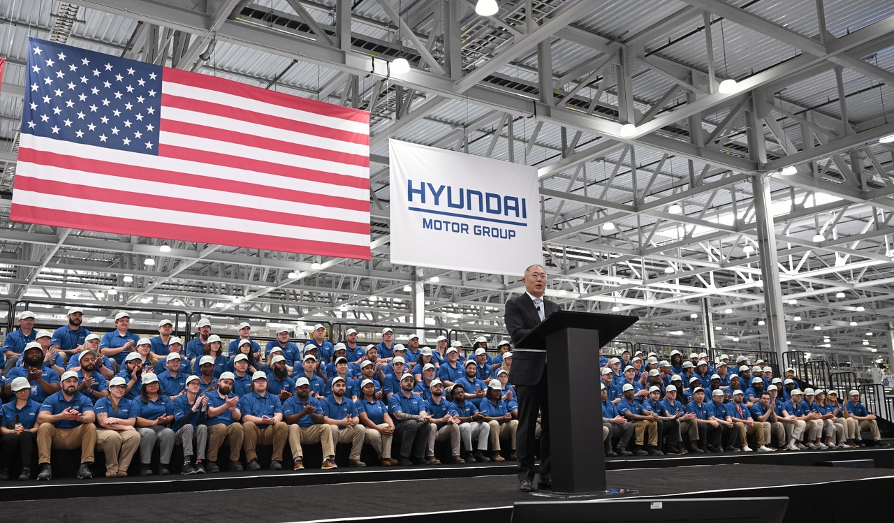Hyundai Motor Group Executive Chair Chung Euisun delivers remarks during the opening ceremony of Hyundai Motor Group Metaplant America in Ellabell, Georgia, on Wednesday. (Hyundai Motor Group)