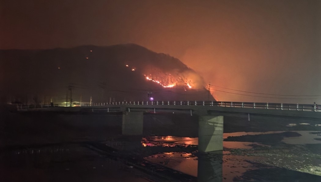 26일 오후 8시께 경북 영양군 입암면 방전리 부근 산이 불에 타들어 가고 있다.[독자 제공]