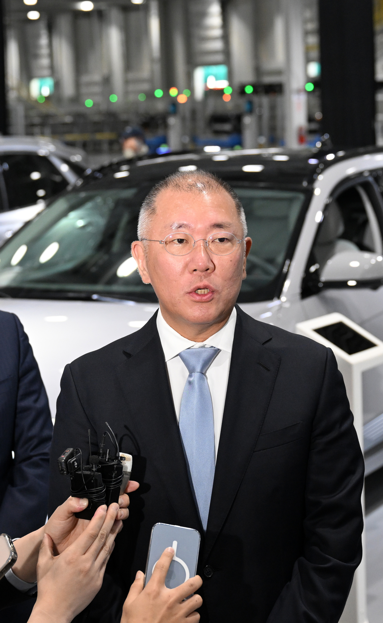Hyundai Motor Group Executive Chair Chung Euisun speaks to reporters after the opening ceremony of Hyundai Motor Group Metaplant America in Ellabell, Georgia, on Wednesday. (Hyundai Motor Group)