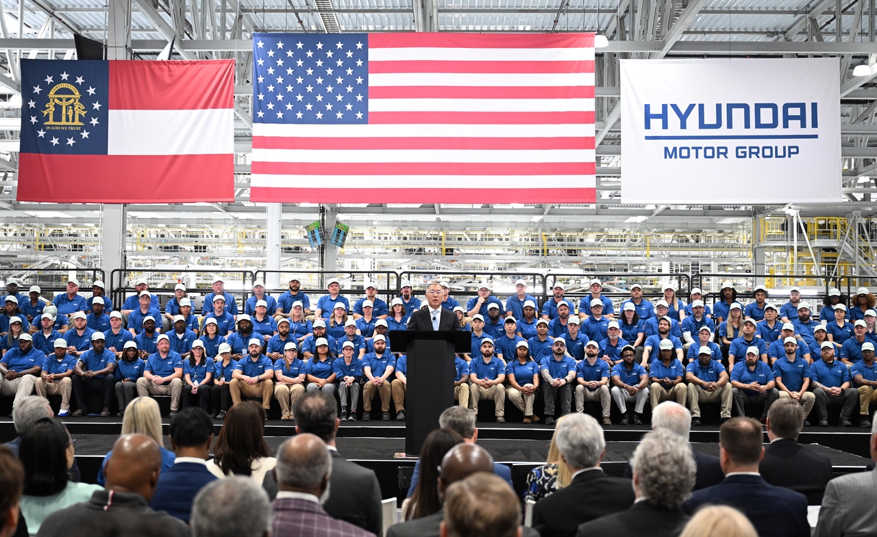 Hyundai Motor Group Executive Chair Chung Euisun delivers a welcoming speech during the opening ceremony of Hyundai Motor Group Metaplant America in Ellabell, Georgia, on Wednesday. (Hyundai Motor Group)
