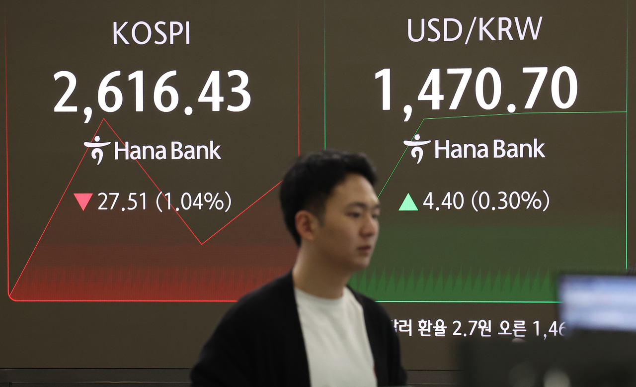 An electronic board showing the Korea Composite Stock Price Index at a dealing room of the Hana Bank headquarters in Seoul on Thursday. (Yonhap)