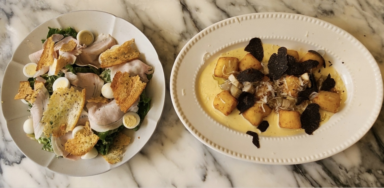 Jambon salad (left) and black truffle gnocchi at Schedule Cheongdam in Gangnam-gu, Seoul (Choi Si-young/The Korea Herald)