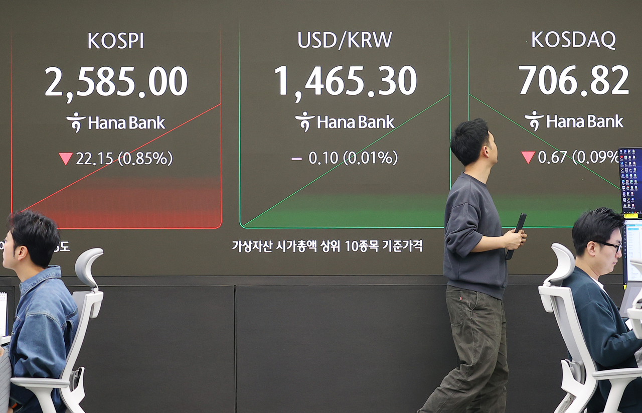 An electronic board showing the Korea Composite Stock Price Index at a dealing room of the Hana Bank headquarters in Seoul on Friday. (Yonhap)